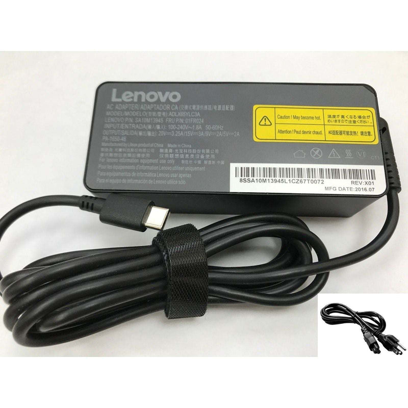 New 65W, 5V/9V/15V/20V, USB-C Connector, 3-Pin Power Cord AC Adapter (Lenovo)